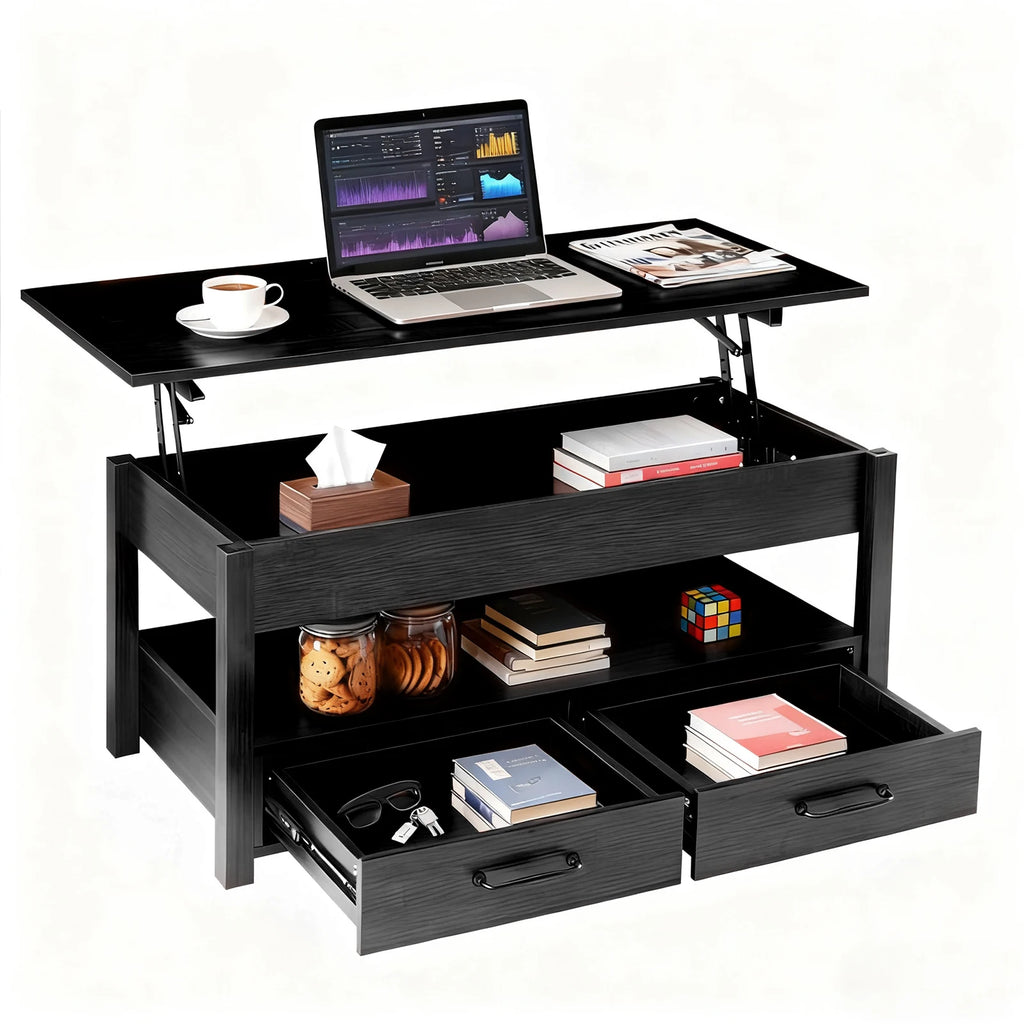 JHK Lift Top Coffee Table with Drawers and Hidden Compartment Adjustable Height Small Coffee Table for Living Room with Storage