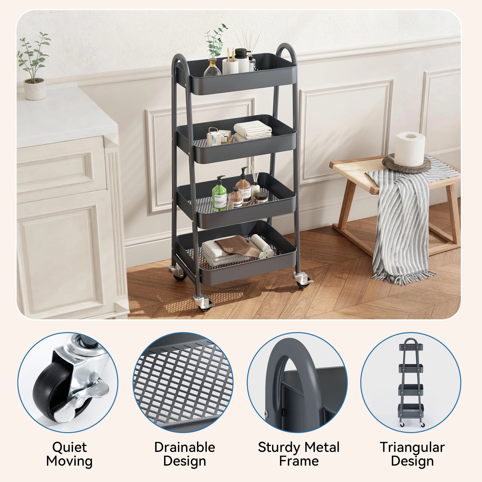 JHK 4 Tier Metal Storage Kitchen Cart with Lockable Wheels Mobile Shelving Unit Utility Rolling Organizer For Home Narrow Places
