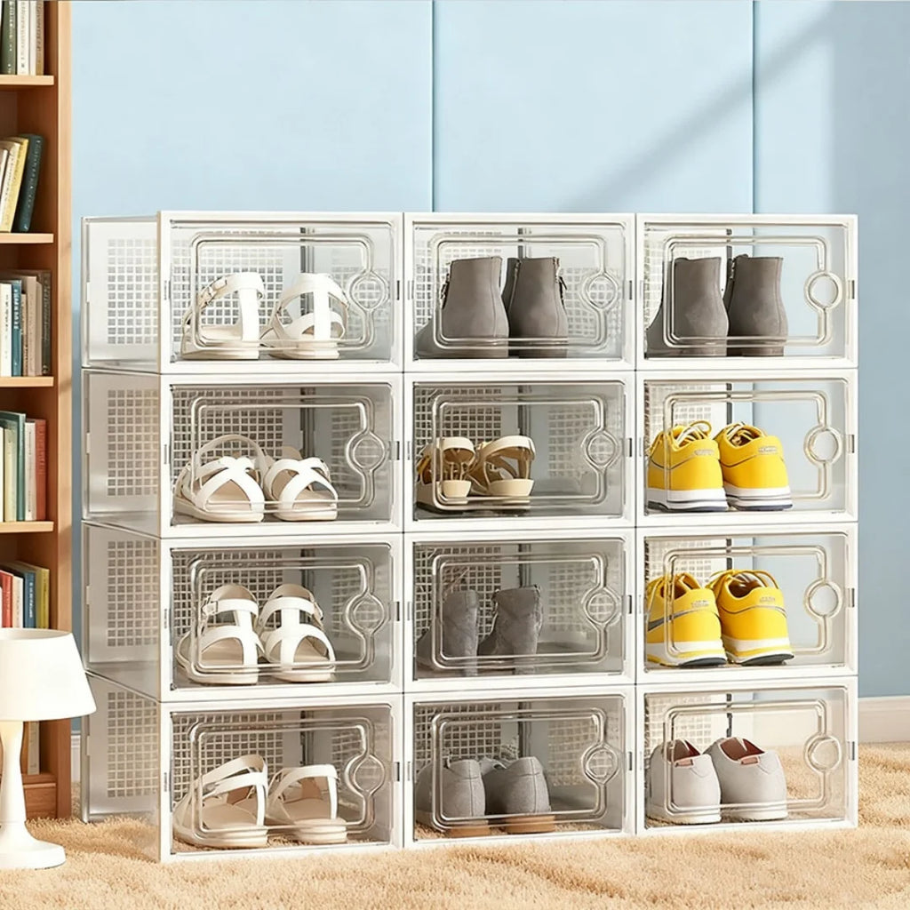 6/12/24 shoe box, thick transparent tape cover, foldable and stackable shoe rack, plastic sports shoe storage box, space saving