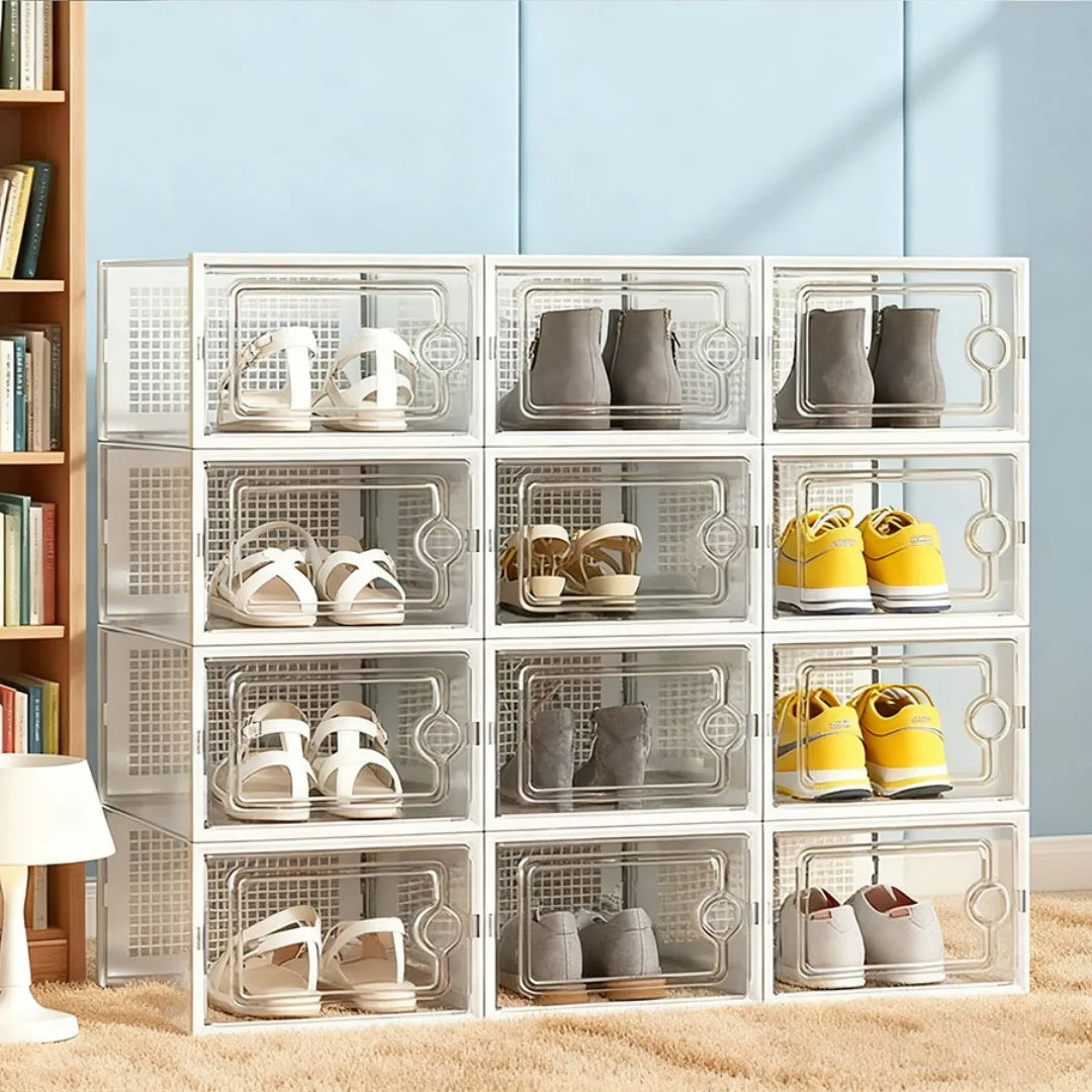 6/12/24 shoe box, thick transparent tape cover, foldable and stackable shoe rack, plastic sports shoe storage box, space saving