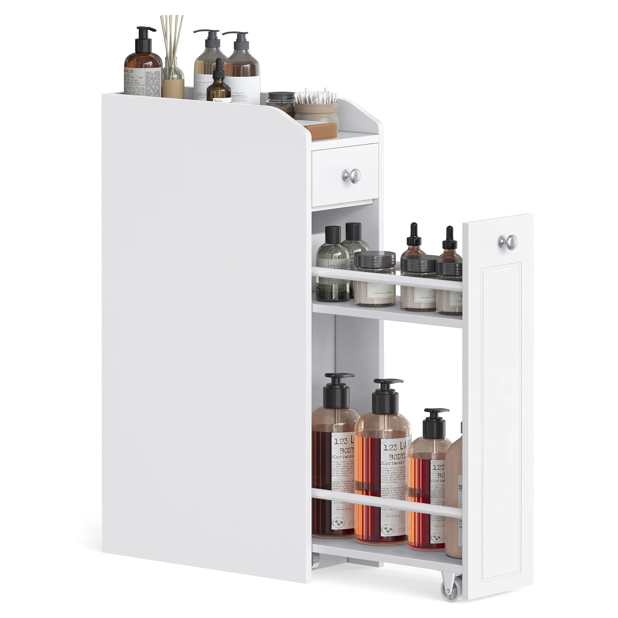 VASAGLE Slim Storage Cabinet, Narrow Storage Organizer with Slide Out Drawers, Freestanding Toilet Paper Holder, Small Space Ski