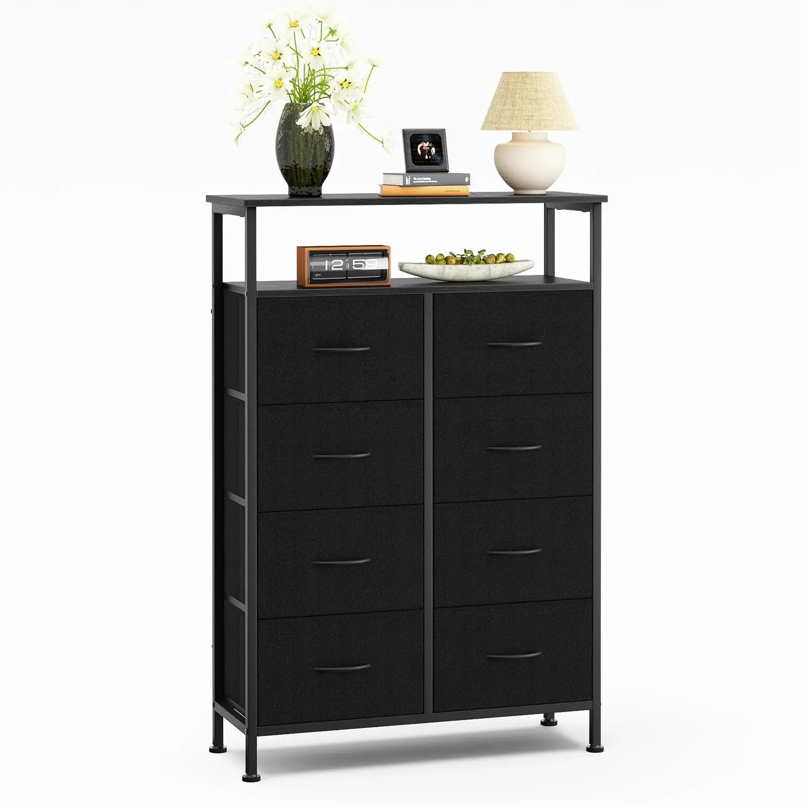 JHK 8 Fabric Drawers Cabinet For Living Room Wooden Top TV Stand with Charging Station Raised Shelf Storage Display Furniture