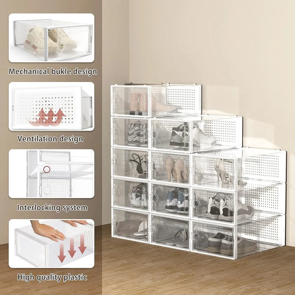 12-Pack Transparent Plastic Stackable Foldable Shoe Storage Boxes for Closet Sports Shoe Organizers Linkable Design Shoe Racks