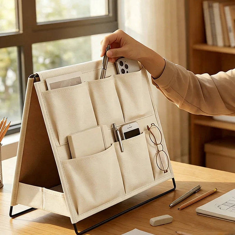 1pc Office Desk Storage Rack Multi-pocket Item Organizer Pen Holder Desktop Neat Foldable Storage Pocket Save Space