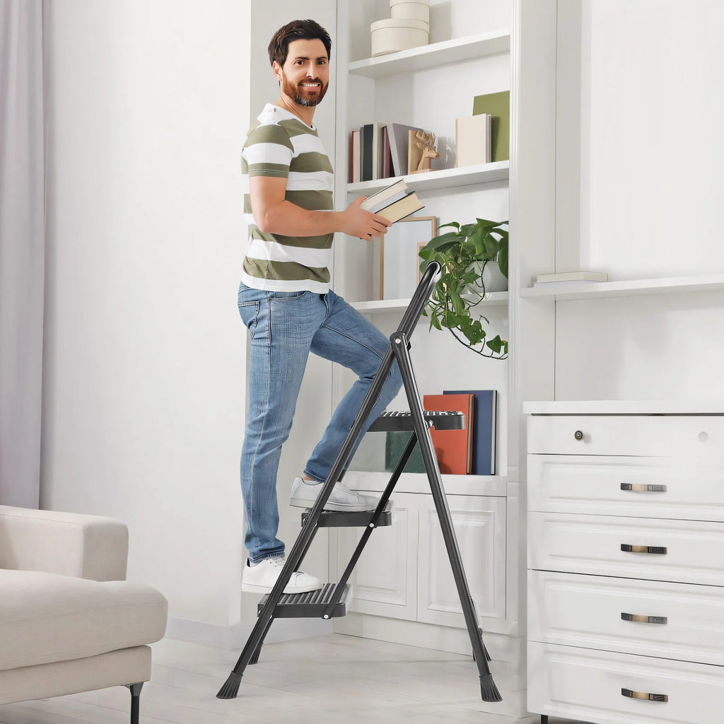 JHK Step Ladder Folding 2 Step Ladder Stool with Anti-Slip Pedal 800lbs Capacity Sturdy Steel Portable Cushioned Handle for Home