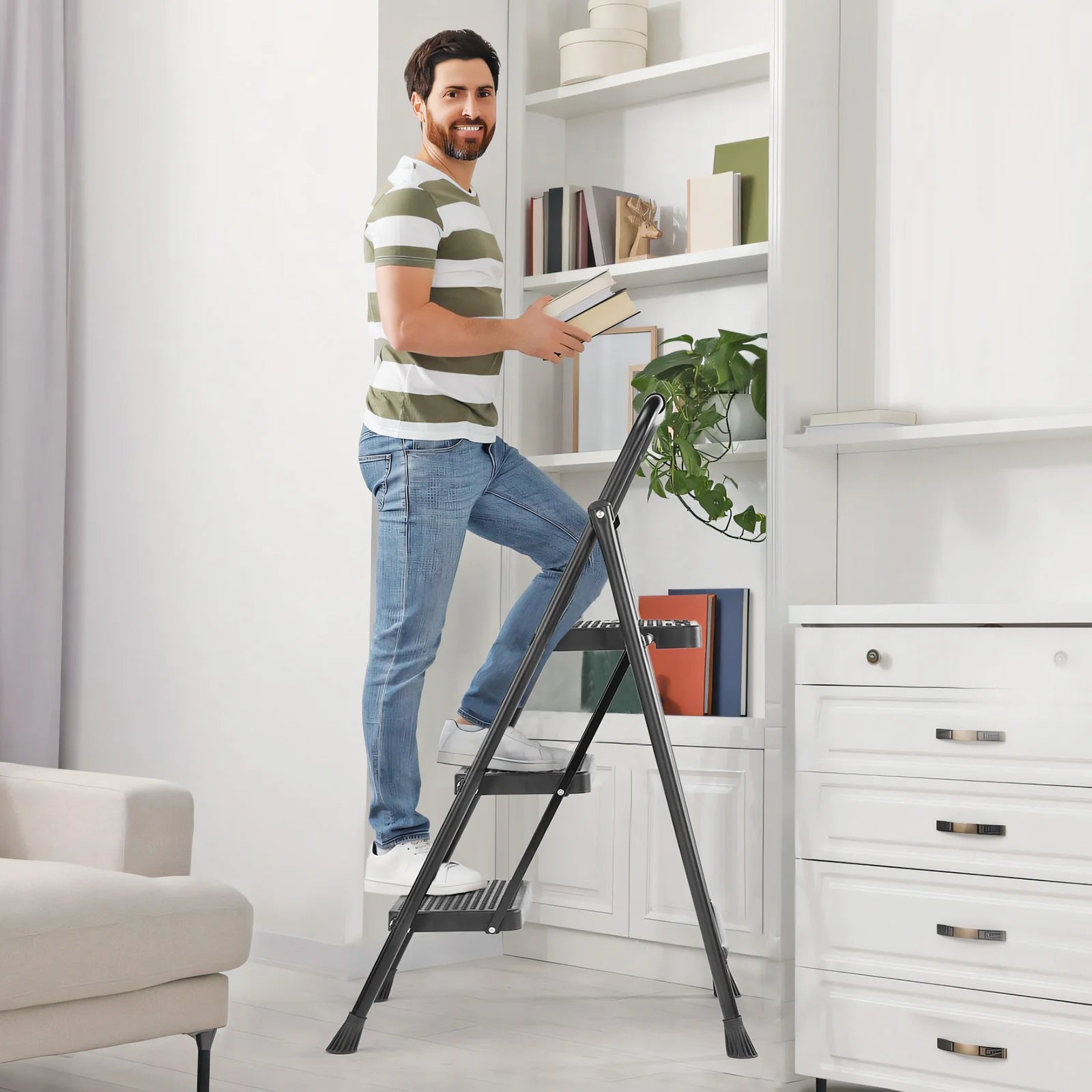 JHK Step Ladder Folding 2 Step Ladder Stool with Anti-Slip Pedal 800lbs Capacity Sturdy Steel Portable Cushioned Handle for Home