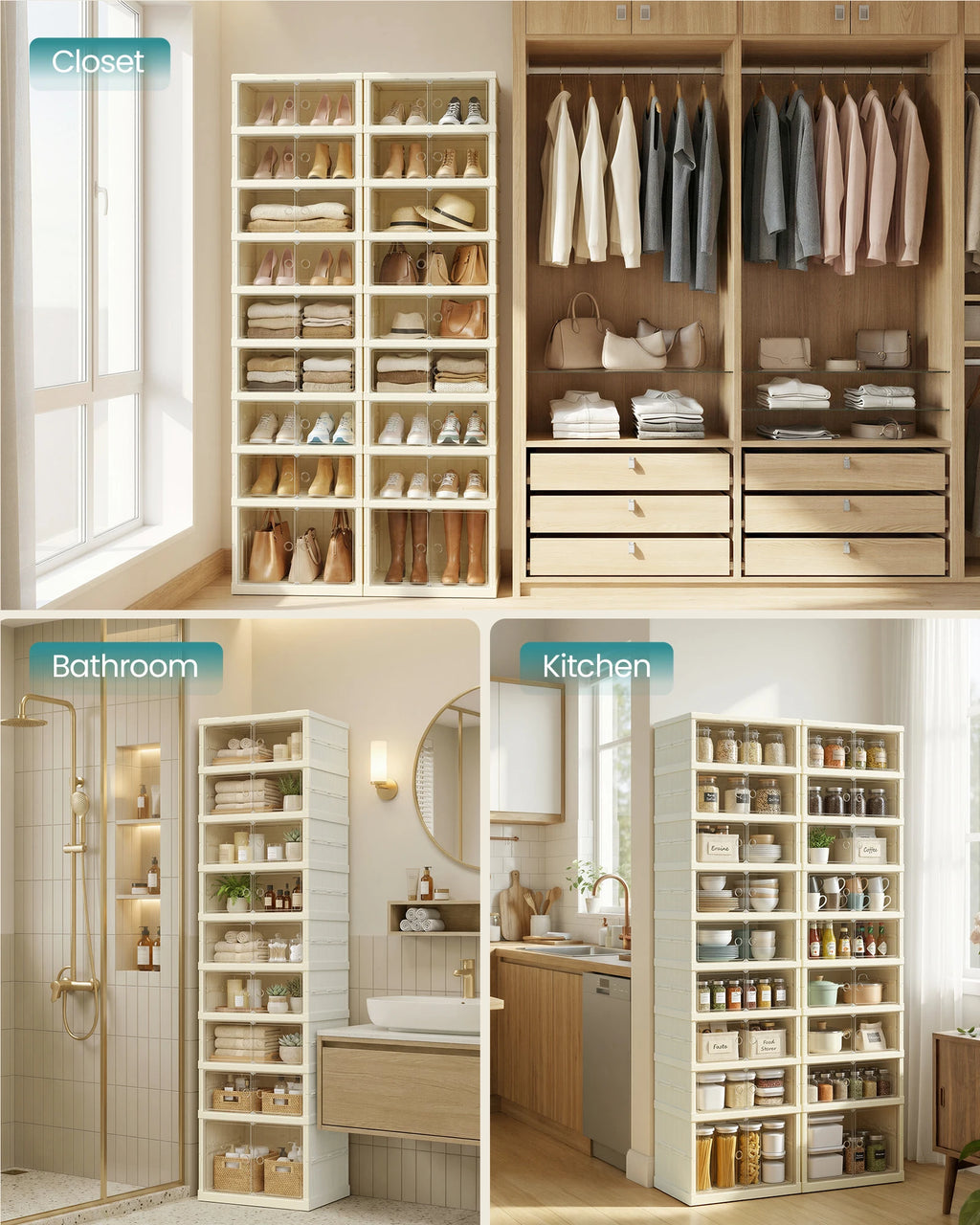 SONGMICS Foldble Shoe Storage Organizer for Closet, Stackable Sneaker Cabinet with Magnetic Door, Large Plastic Container Bins f