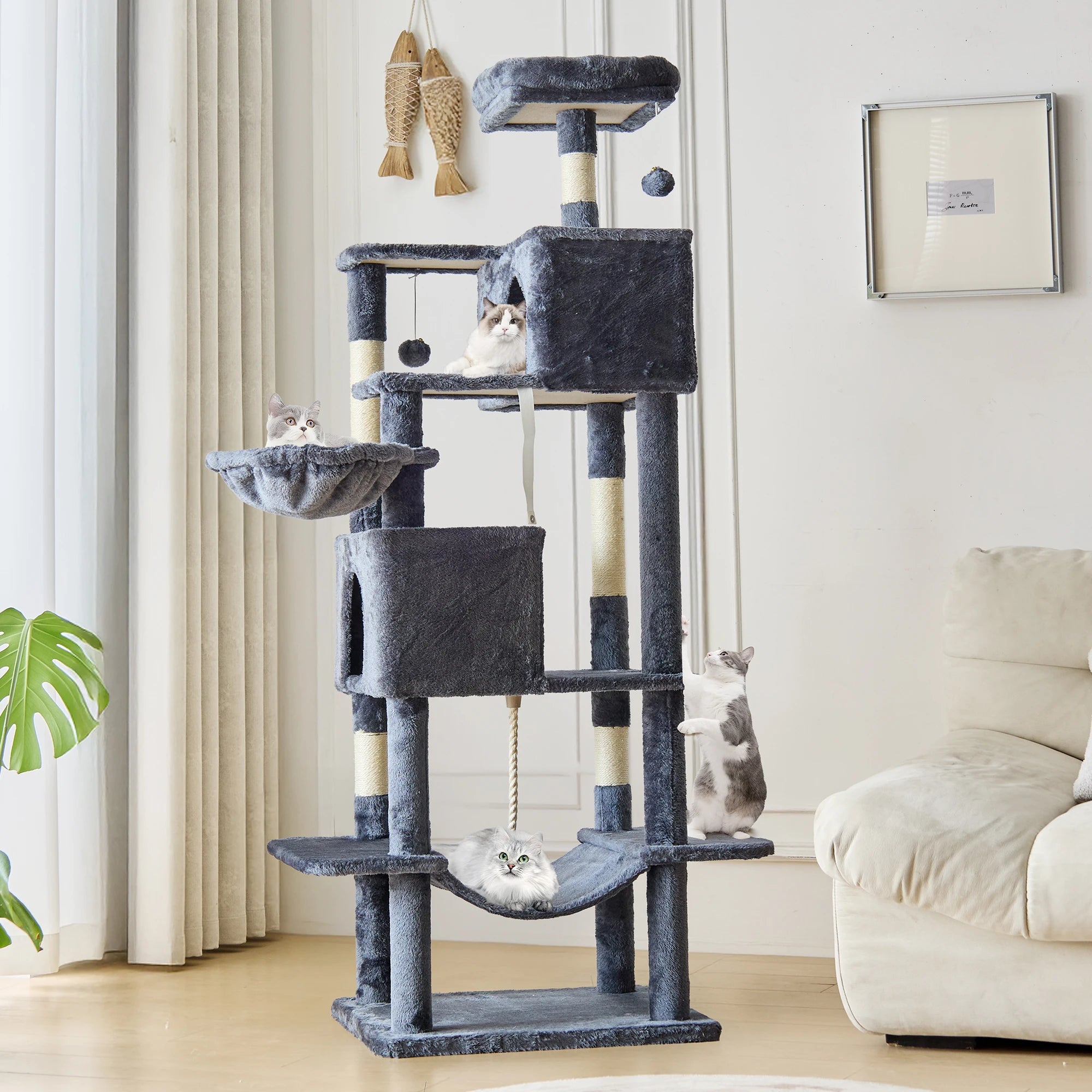 JHK Cat Tree Tower 66 Inch Large Multi Level Cat Climbing Tower with Condo Natural Sisal Scratching Posts Pet House for Indoor