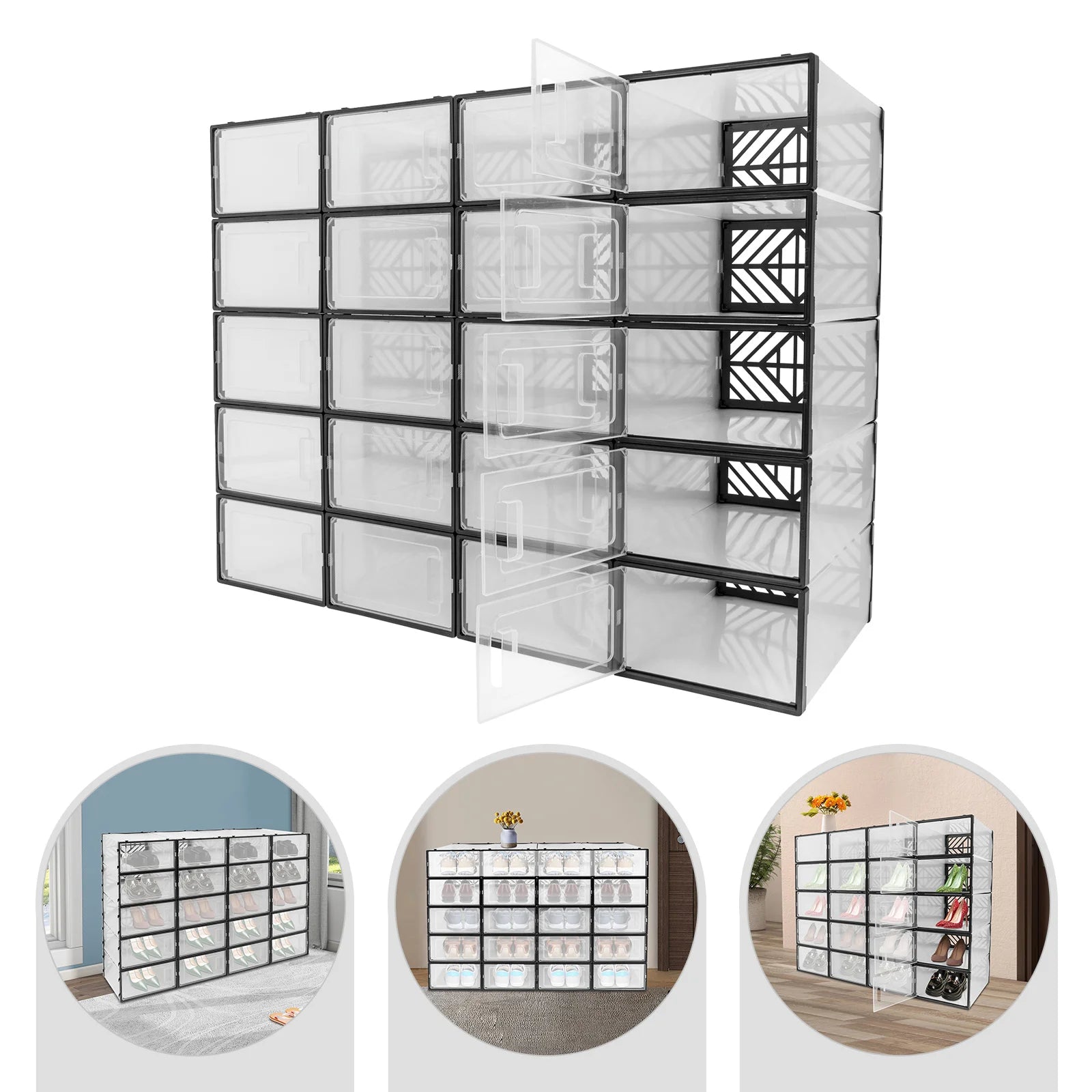 20 Pcs Shoe Storage Box Transparent PP Plastic Shoe Cabinet Moisture & Dust Proof Modern Organizer Black/White