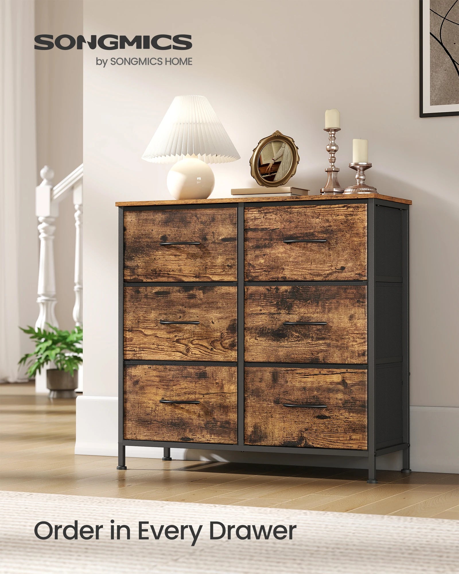 SONGMICS Dresser for Bedroom, Chest of Drawers, TV Stand, Steel, MDF, 6 Non-Woven Fabric Drawers, Storage Organizer Unit, Closet