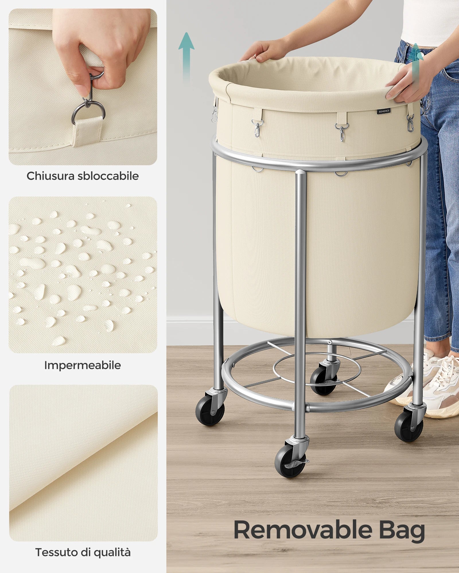 SONGMICS 29-Gallon (110 L) Laundry Basket with Wheels, Rolling Round Heavy-Duty Laundry Hamper Cart with Steel Frame and Removab
