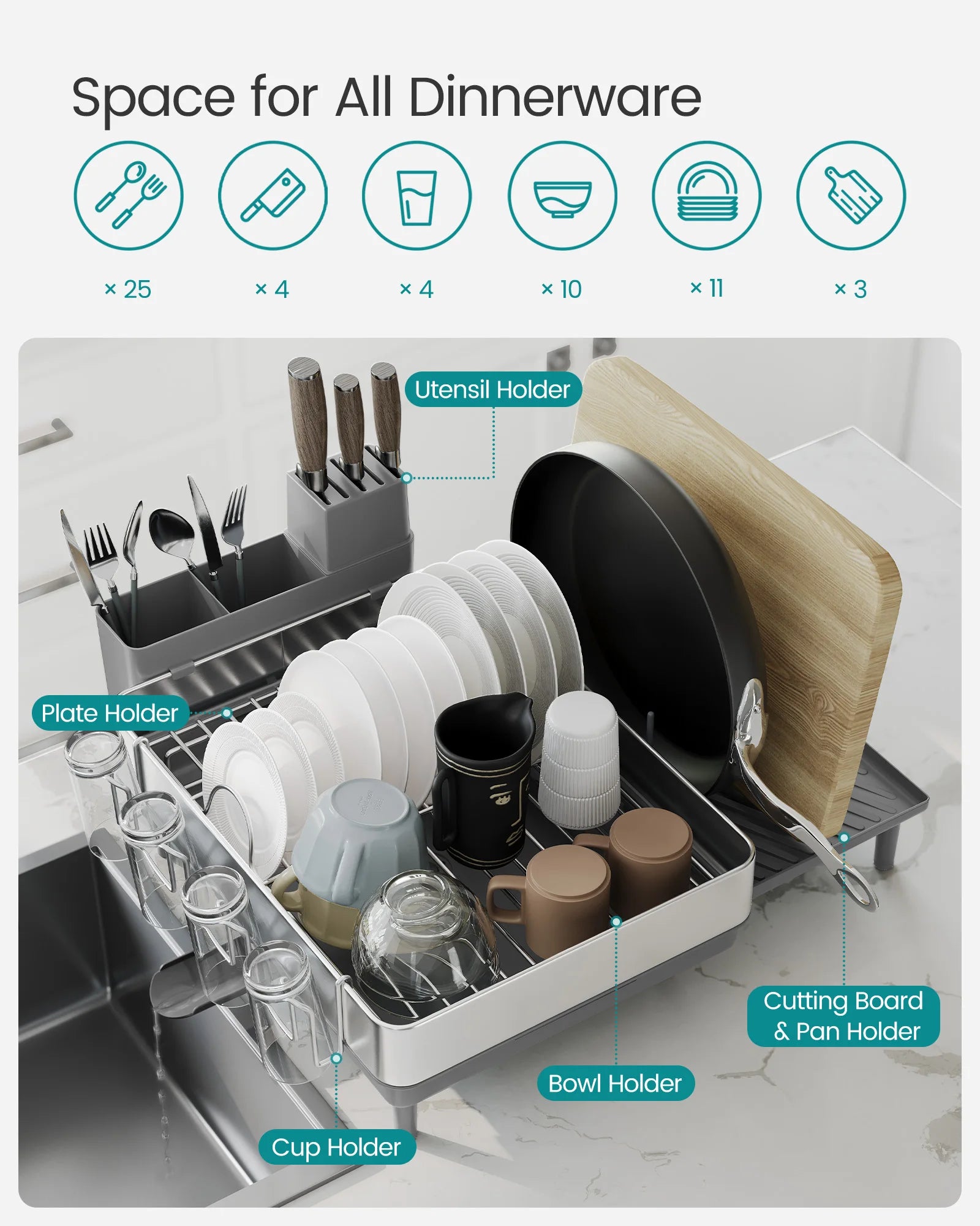 SONGMICS Large Dish Drying Rack, Expandable Dish Dryer for Kitchen Counter, Stainless Steel Dish Rack with Rotatable Spout, Uten
