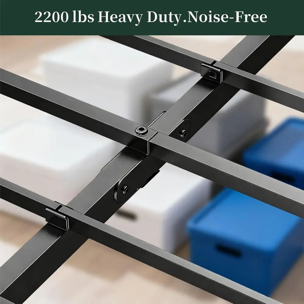 Queen Size 14 Metal Platform Bed with Steel Slat Support, No Box Spring Needed, Easy Assembly, Storage Space