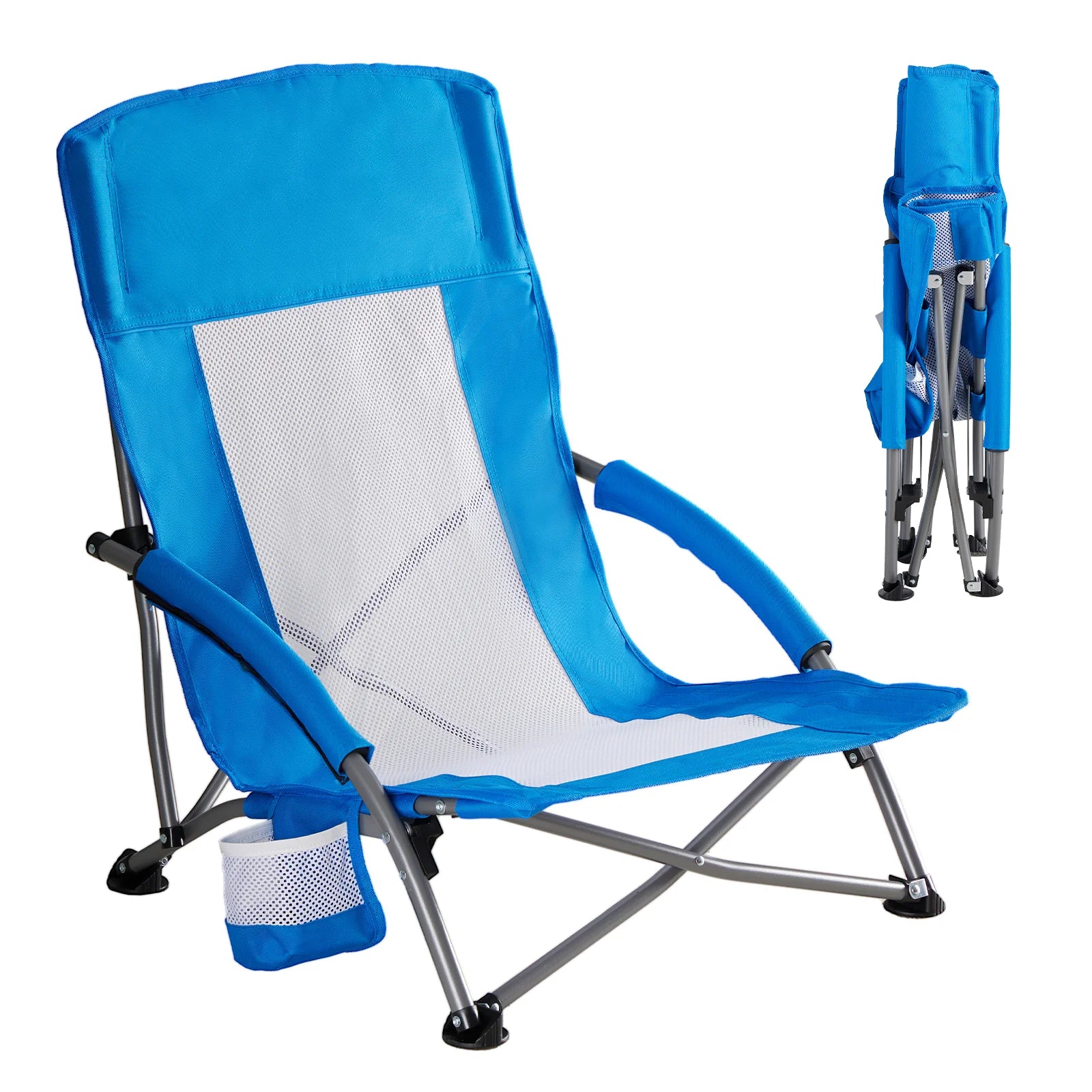 JHK Portable Low Beach Camping Chair Folding Chair with Cup Holder Padded Armrests Sturdy Steel Frame Outdoor Picnic Chair