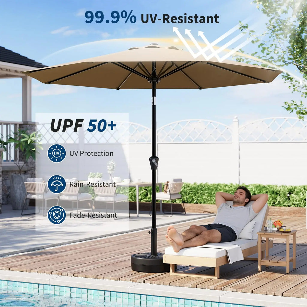 Nine Foot Patio Umbrella With Crank Tilt UV Protection For Outdoor Pool Deck