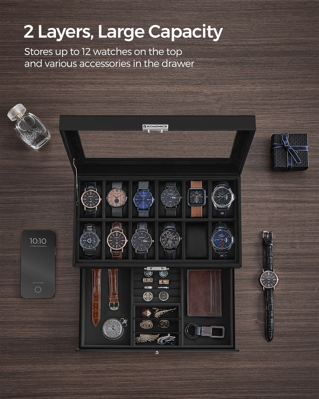 SONGMICS Watch Box, 12-Slot Watch Case Organizer with Large Glass Lid, 2 Layers, Removable Pillows, Metal Lock
