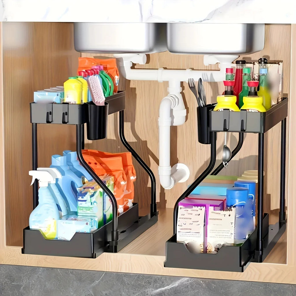 2 Tier Under Sink Organizer, Pull-Out Drawer Storage Rack, Multipurpose Kitchen Bathroom Shelf for Spice, Cosmetics, Toiletries