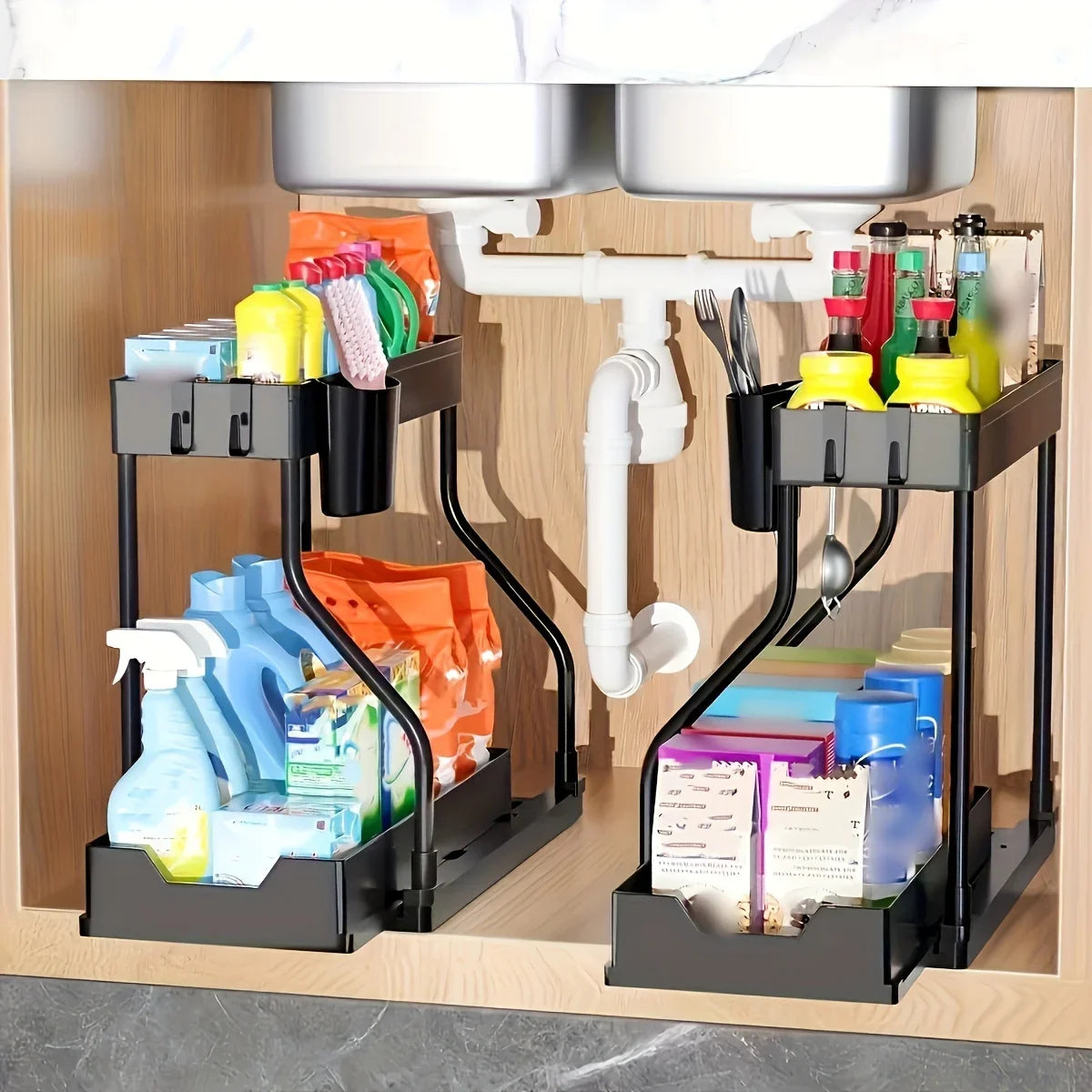 2 Tier Under Sink Organizer, Pull-Out Drawer Storage Rack, Multipurpose Kitchen Bathroom Shelf for Spice, Cosmetics, Toiletries
