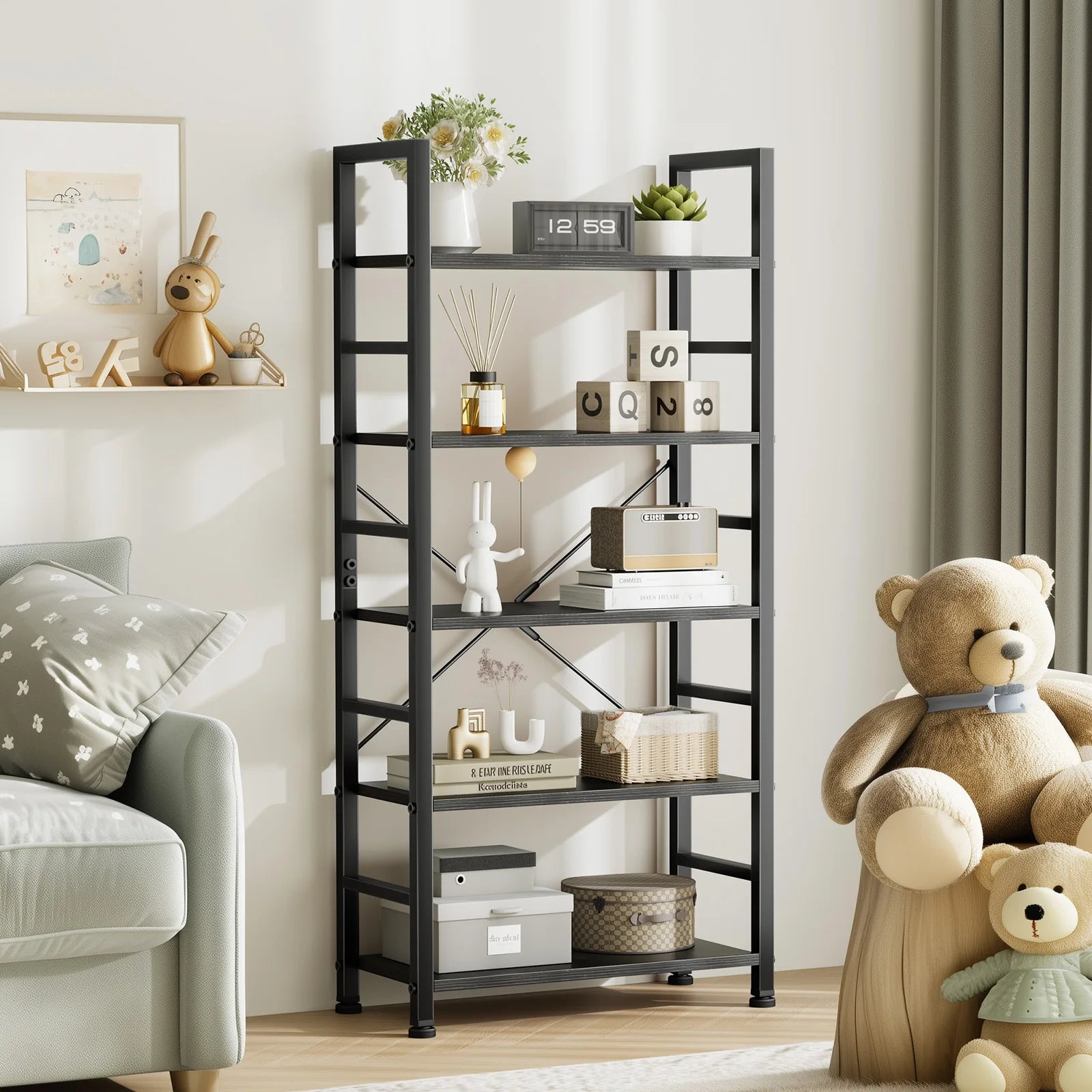 JHK 5 Tier Wooden Display Bookshelf Storage Standing Shelf Stable Frame Graduated Shelves for Organized Display for Living Room