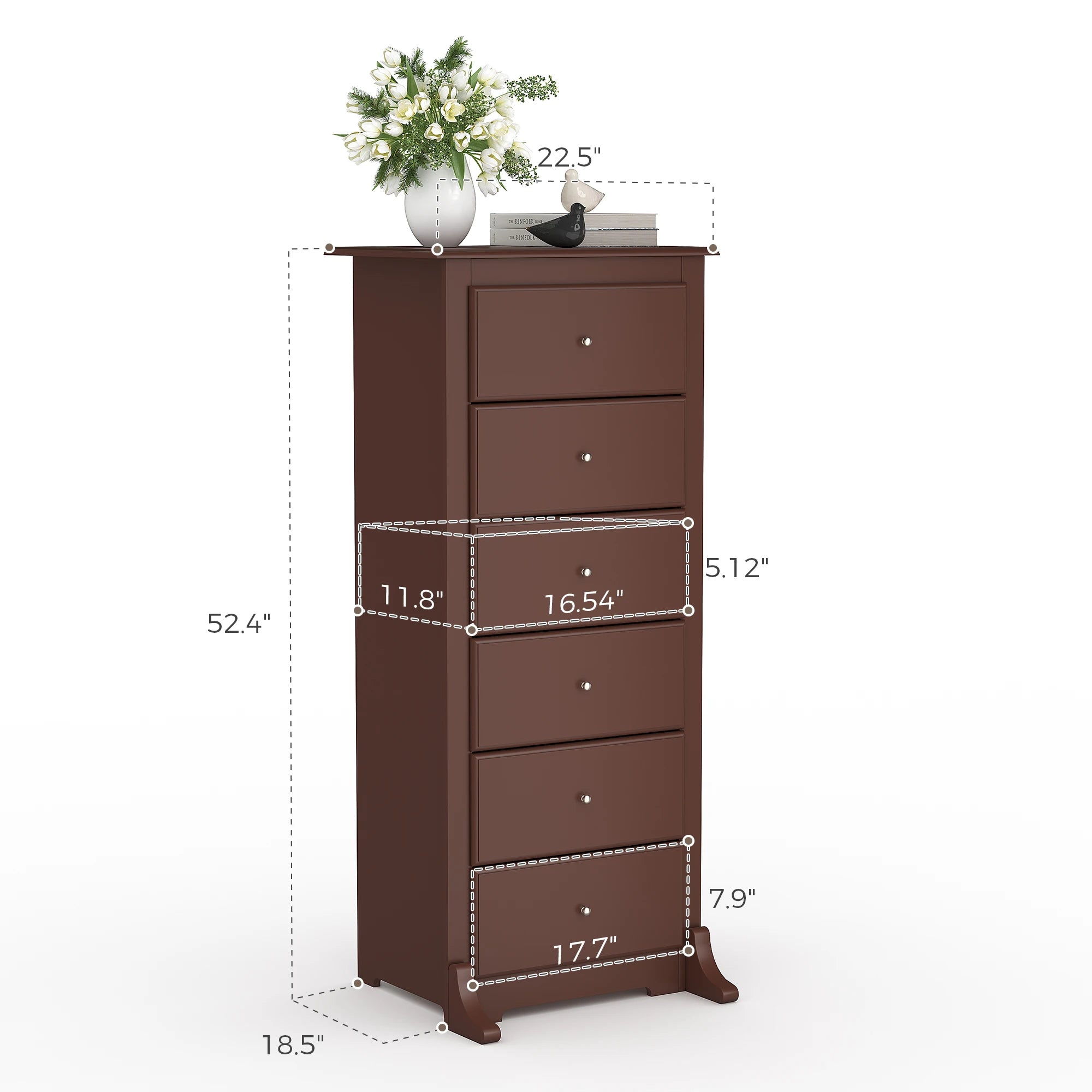 JHK 6 Drawer Wooden Dresser Chest for Living Room 19" x 23.25" x 52.75" Modern Storage Cabinet for Home Furniture Closet