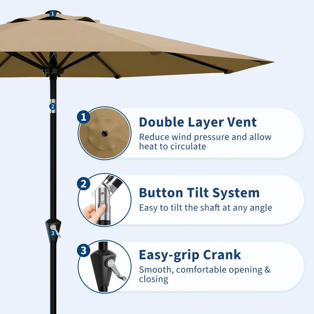 Nine Foot Patio Umbrella With Crank Tilt UV Protection For Outdoor Pool Deck