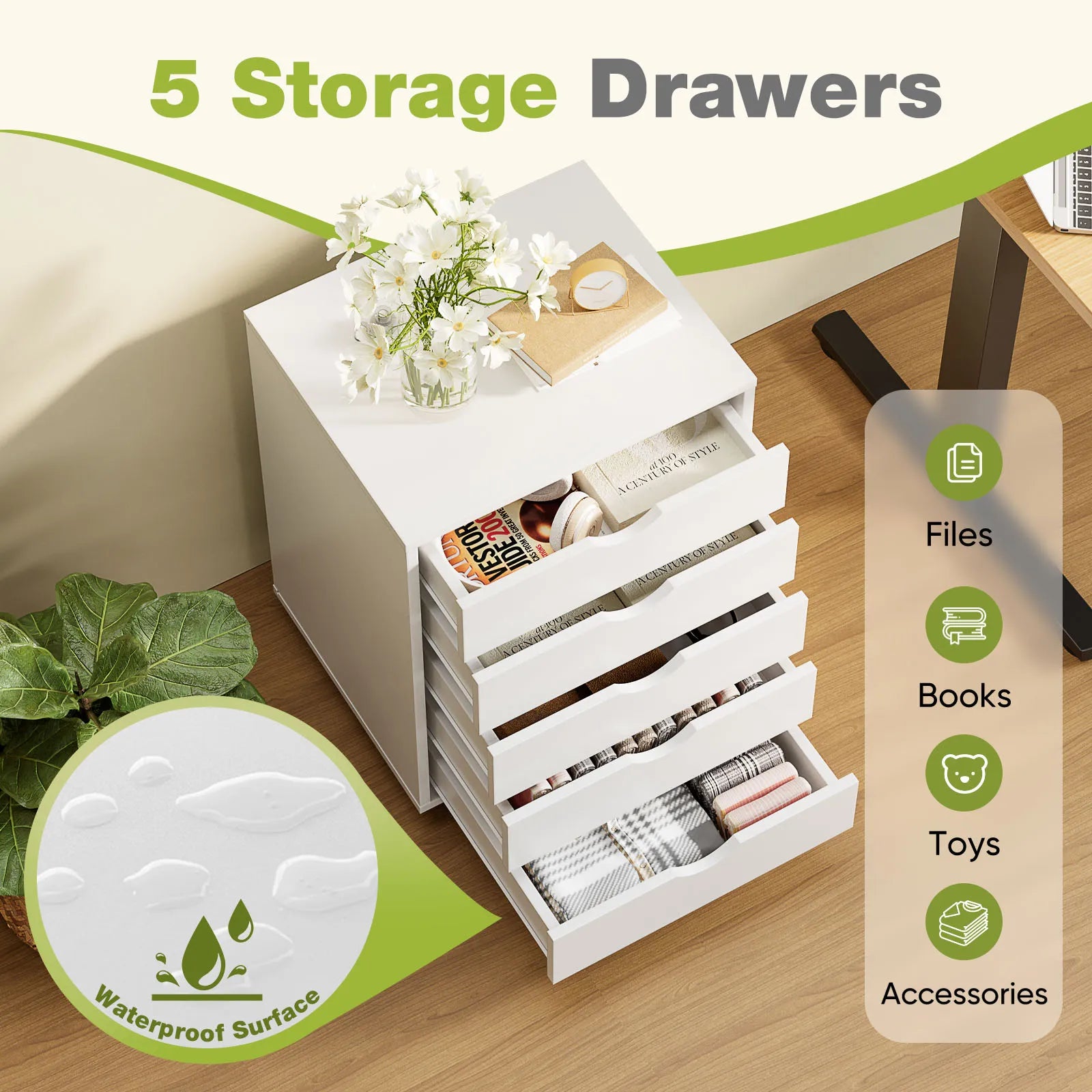 JHK Wood Nightstand Cabinet 5 Drawers Waterproof Surface Storage Organizer File Office Easy To Move Bedside Table Rotating Wheel