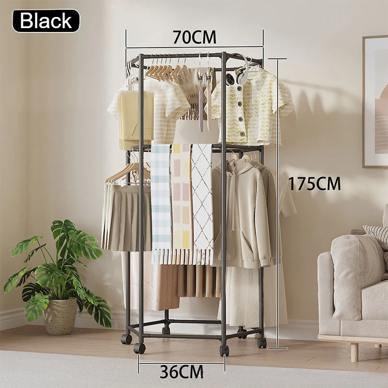 Mobile Metal Coat Rack with Wheels, Space Saving Clothes Drying Hanger Stand for Balcony Living Room Home