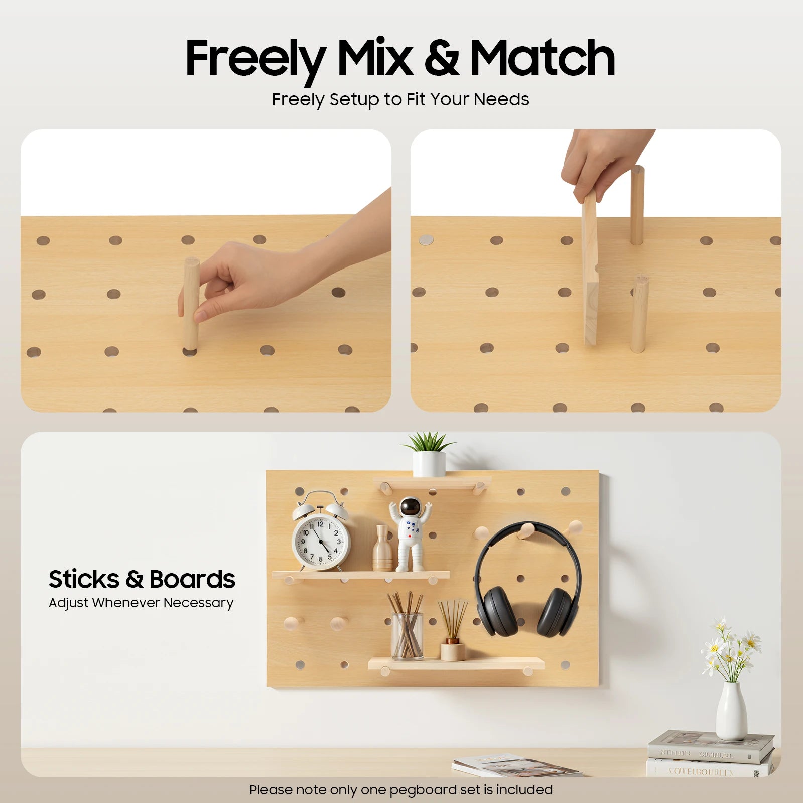 Wall Mount Wood Pegboard, Natural Wood Storage Display Shelf Wall Organizer, Kitchen Office DIY Tool Board Panel Rack Load 10kg