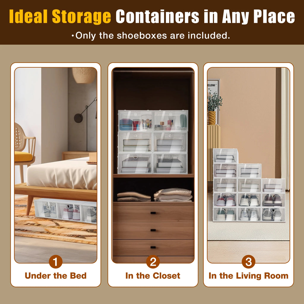 20/24PCS Foldable Flip Shoe Boxes Set Clear Plastic Stackable Storage Containers Home Organizer 33x23x14cm - Shoe Rack Case