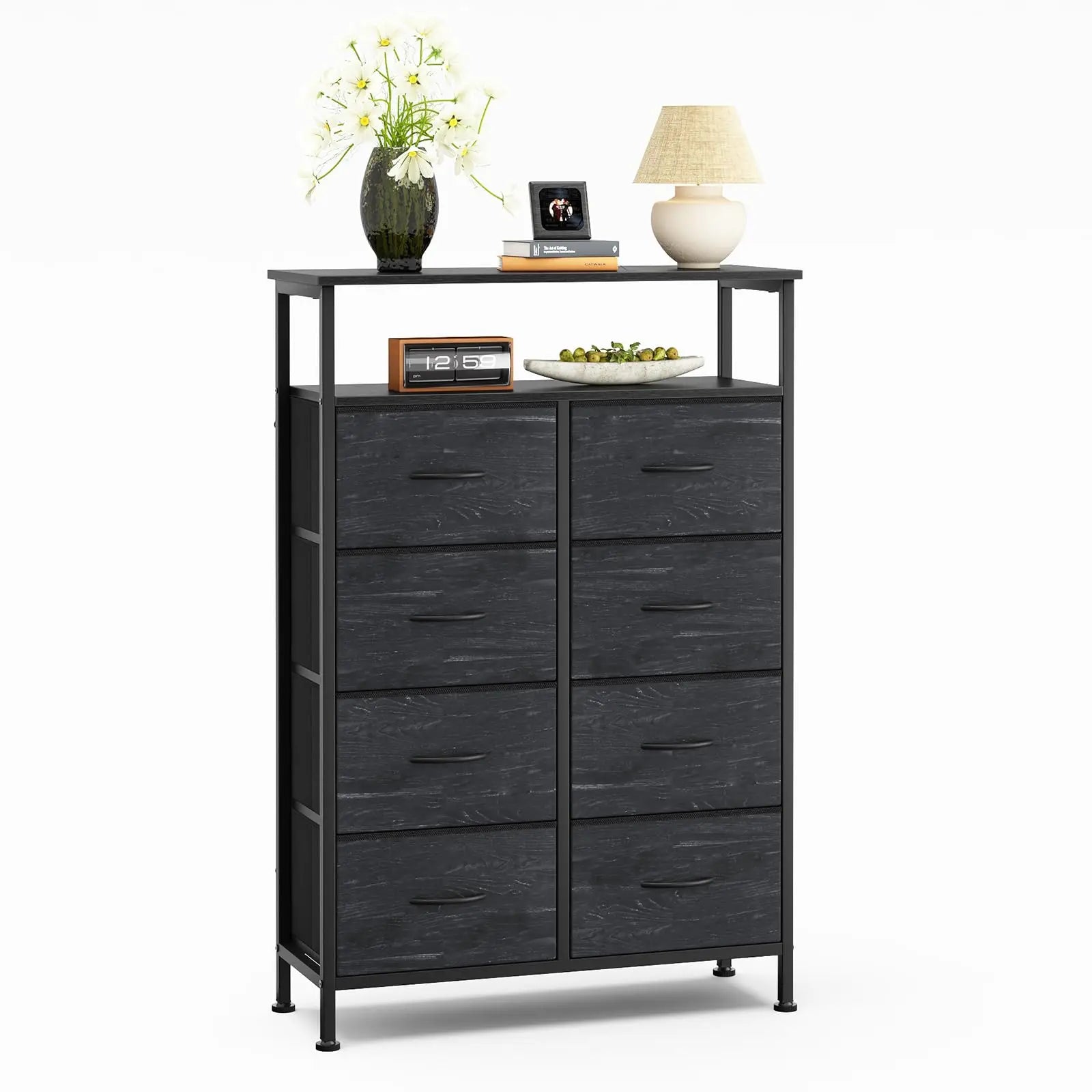 JHK 8 Fabric Drawers Cabinet For Living Room Wooden Top TV Stand with Charging Station Raised Shelf Storage Display Furniture