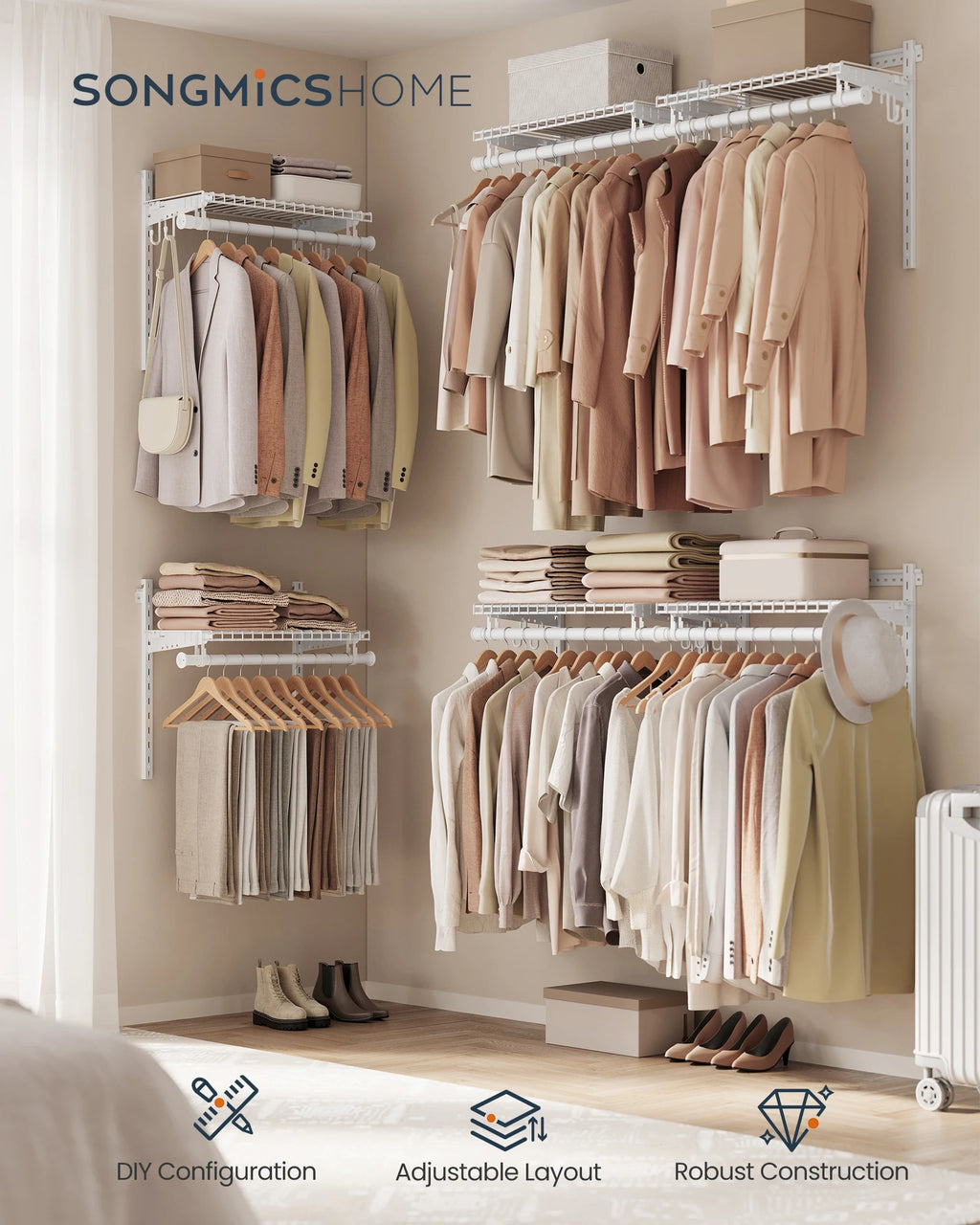 SONGMICS HOME Closet System, Closet Insert Organizer, 4-6 ft, Adjustable Metal Shelving Unit with 6 Hanging Rods, 6 Shelves, and