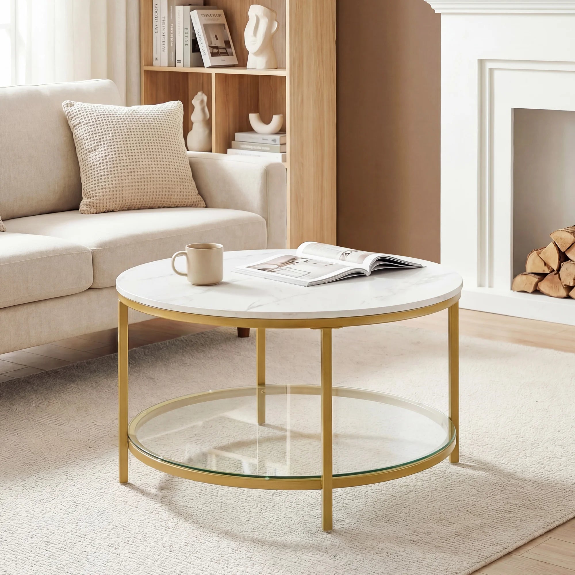 JHK 31IN Marble Round Coffee Table For Living Room 2-Tier Center Counter with Storage Metal Frame Glass Base Tables Modern