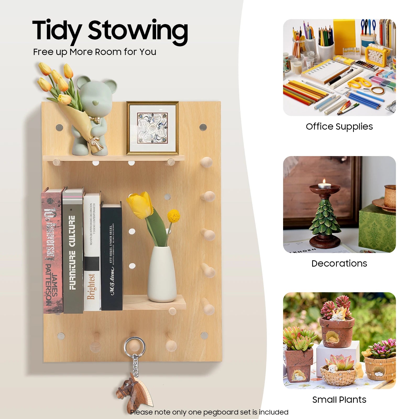 Wall Mount Wood Pegboard, Natural Wood Storage Display Shelf Wall Organizer, Kitchen Office DIY Tool Board Panel Rack Load 10kg