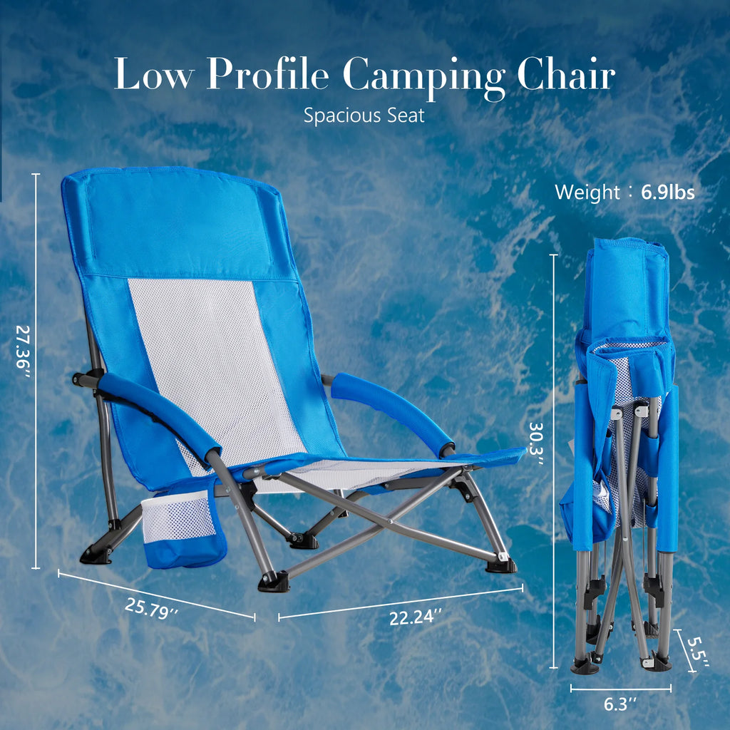JHK Portable Low Beach Camping Chair Folding Chair with Cup Holder Padded Armrests Sturdy Steel Frame Outdoor Picnic Chair
