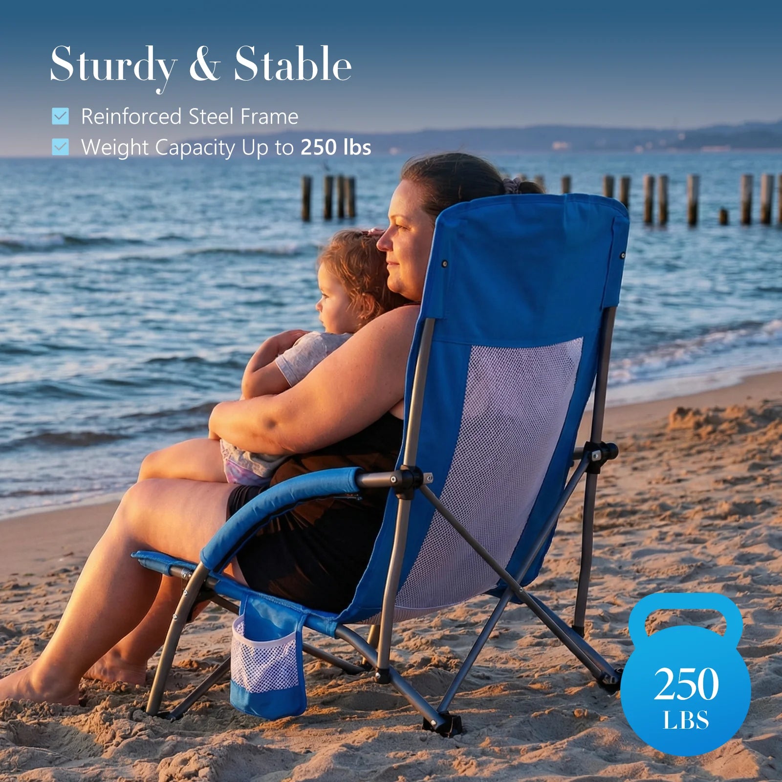 JHK Portable Low Beach Camping Chair Folding Chair with Cup Holder Padded Armrests Sturdy Steel Frame Outdoor Picnic Chair