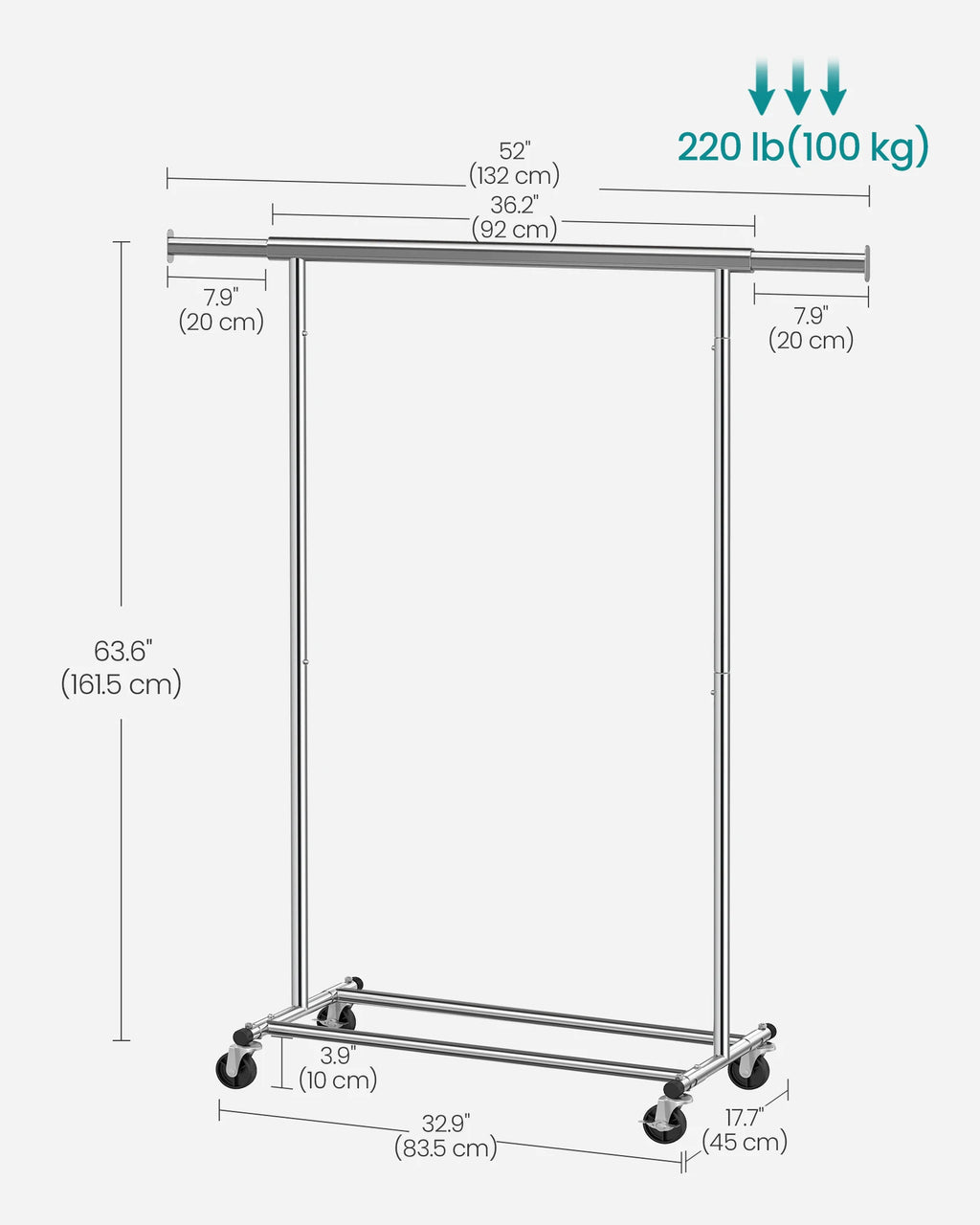 SONGMICS Clothes Rack with Wheels, Heavy-Duty Clothing Rack for Hanging Clothes, Portable, 17.7 x (36.2-52) x 63.6 Inches, with