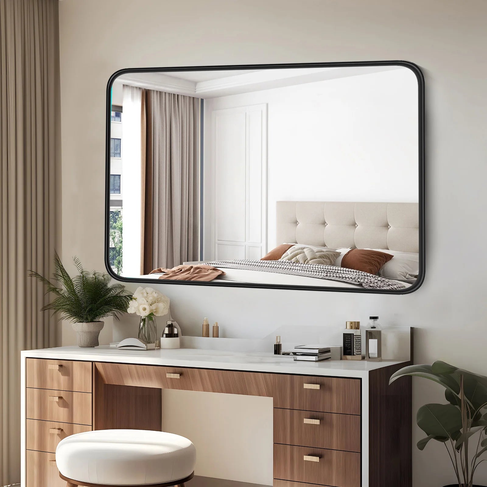 JHK 24x36 Inch Large Rectangle Vanity Framed Mirror for Wall Matte Metal Framed Modern Mirror Tempered Glass For Living Room