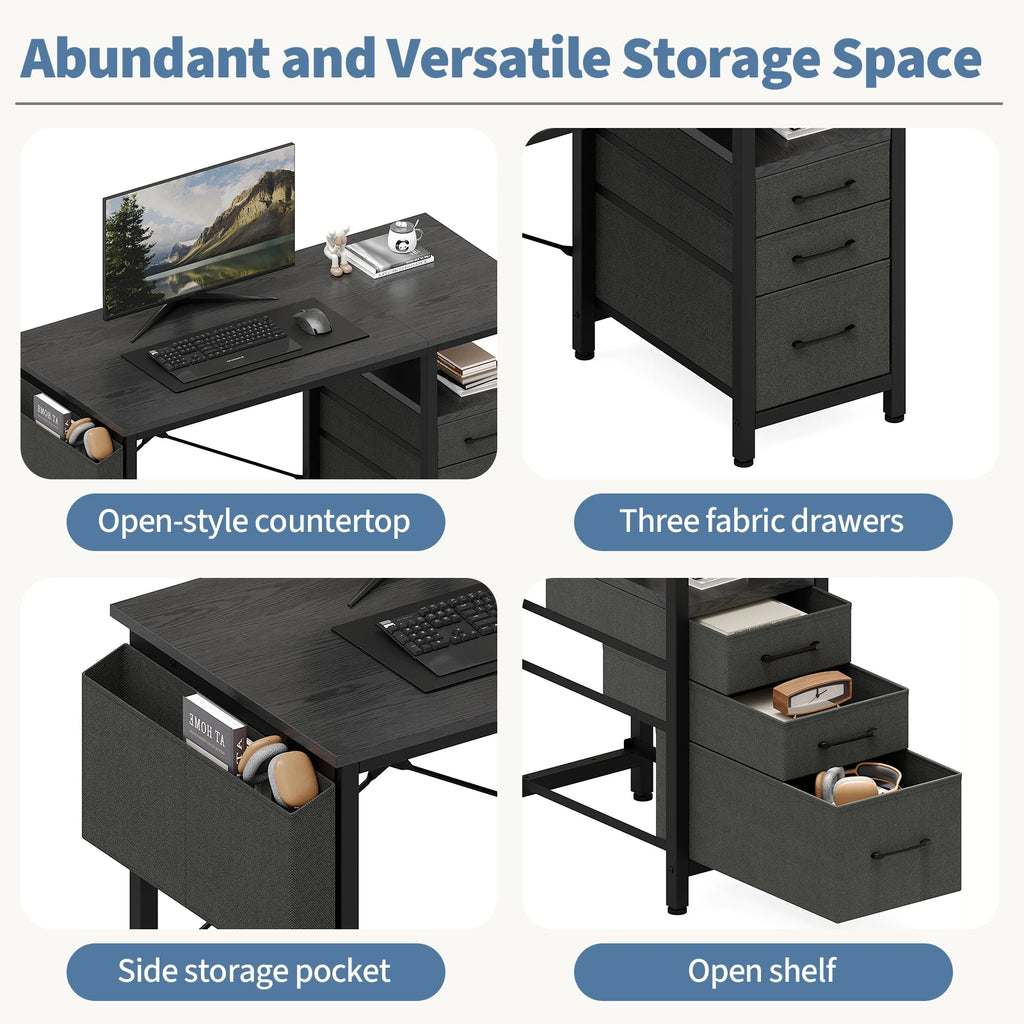 JHK 40 Inch Computer Desk with 3 Fabric Drawers Office Gaming Desk Writing Study Table with Side Pocket Space Saving Desk ﻿