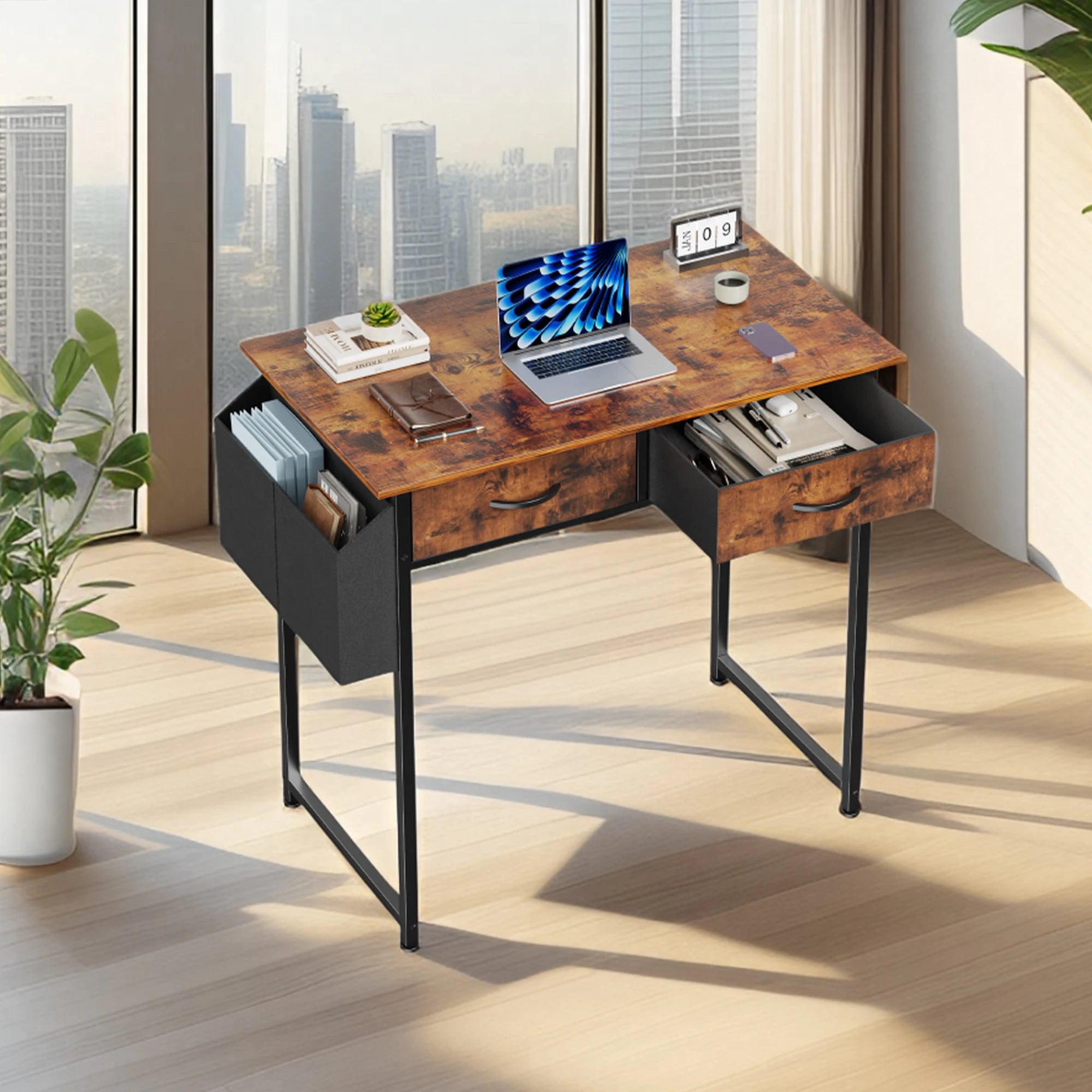 JHK Modern Office Computer Desk 32 Inch with Fabric Storage Drawers Space Side Bag Metal Frame Adjustable Feet For Home PC Table