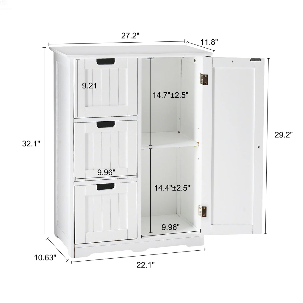 JHK Wooden Storage Cabinet with 3 Drawers and a Cupboard Bathroom Floor Cabinet Freestanding Cupboard for Home Living Room