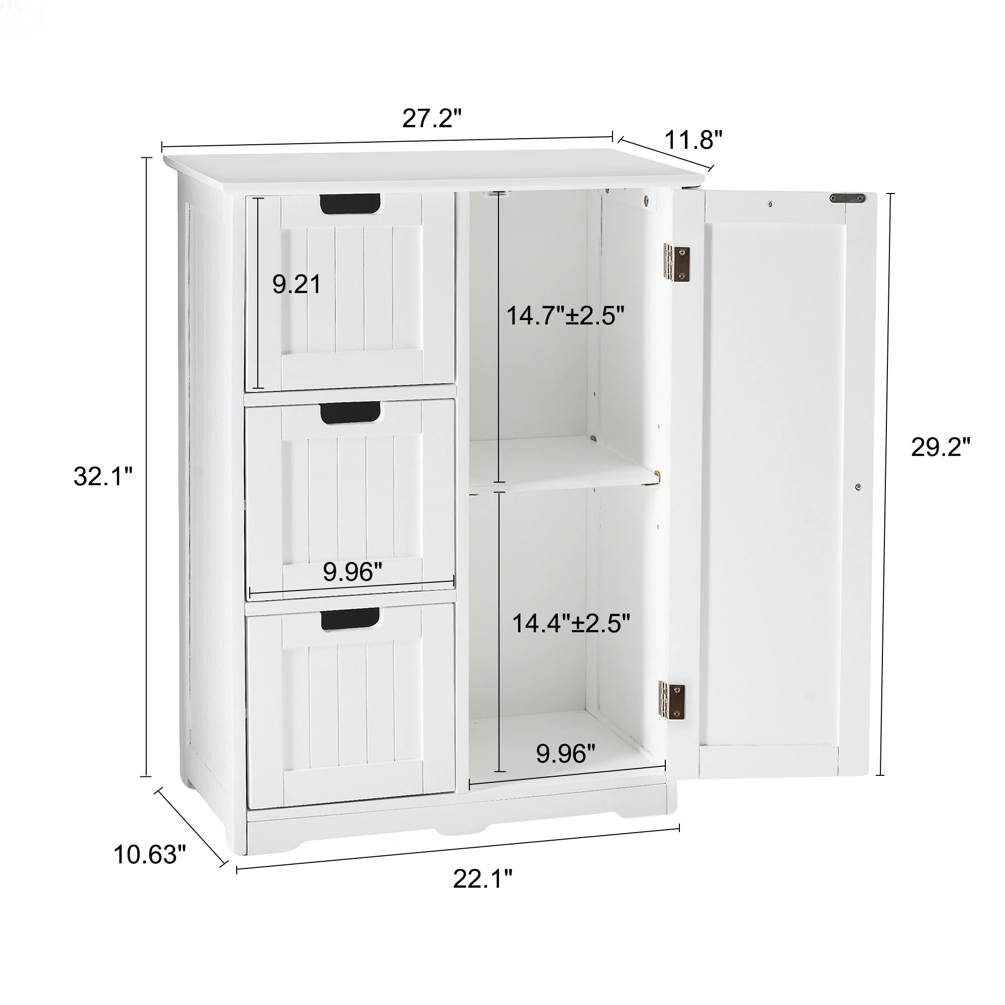 JHK Wooden Storage Cabinet with 3 Drawers and a Cupboard Bathroom Floor Cabinet Freestanding Cupboard for Home Living Room