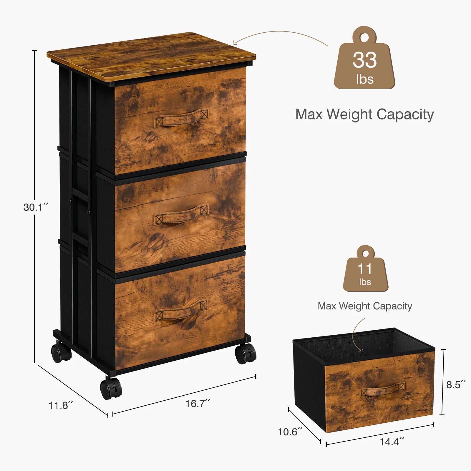 JHK 3 Foldable Fabric Drawers Cabinet For Living Room Wooden Top Movable Roller Beside Nightstand Tables With Steel Structure