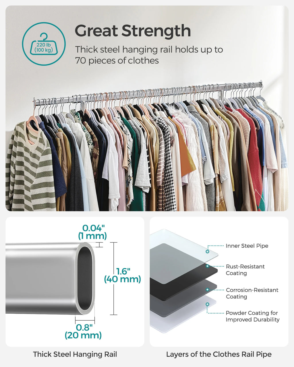 SONGMICS Clothes Rack with Wheels, Heavy-Duty Clothing Rack for Hanging Clothes, Portable, 17.7 x (36.2-52) x 63.6 Inches, with