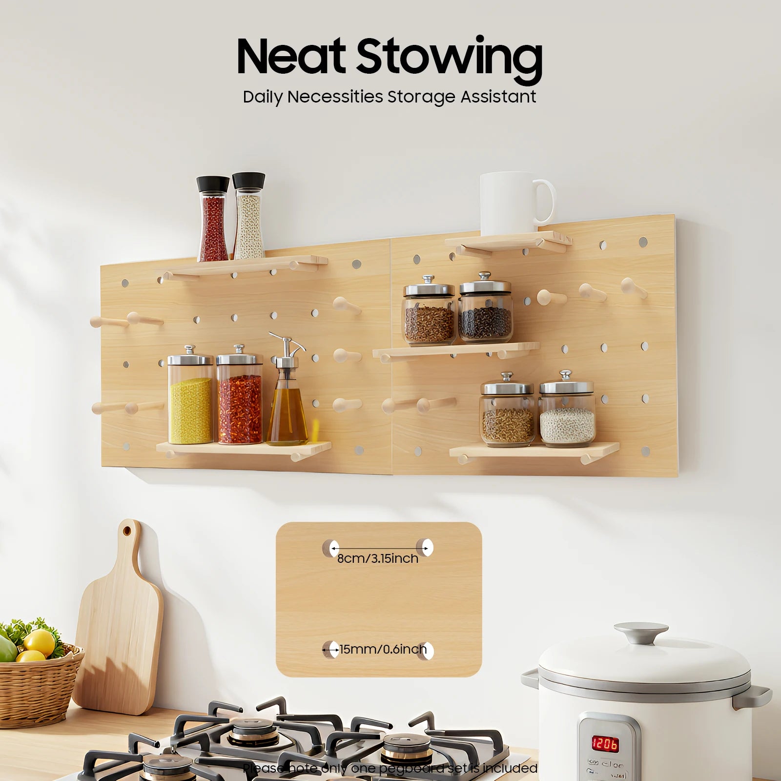 Wall Mount Wood Pegboard, Natural Wood Storage Display Shelf Wall Organizer, Kitchen Office DIY Tool Board Panel Rack Load 10kg