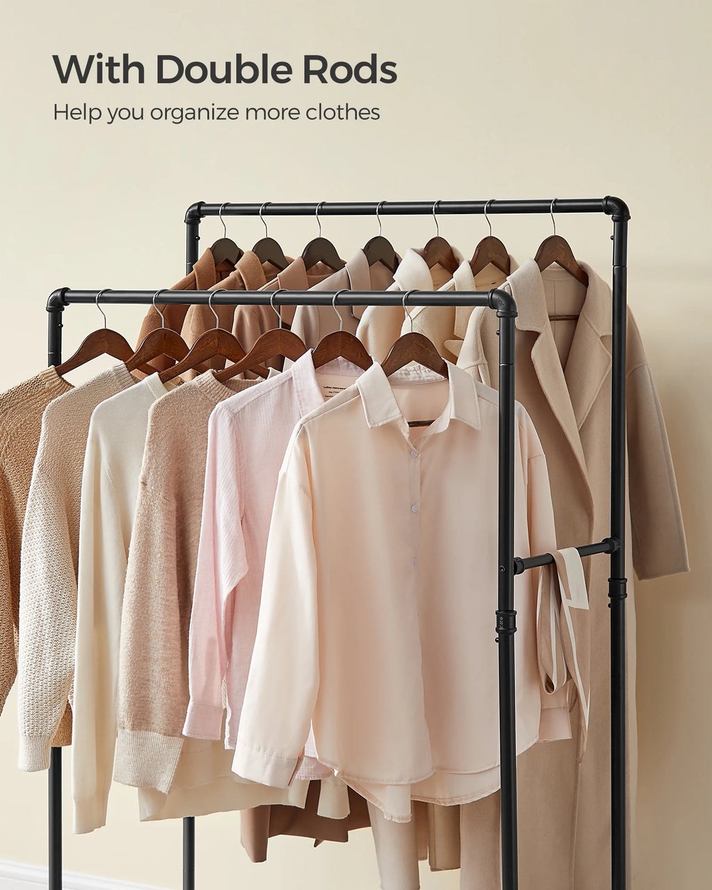 SONGMICS Heavy-Duty Clothes Rack, Double-Rod Clothing Rack for Hanging Clothes, Industrial Garment Rack on Wheels, Metal Frame,