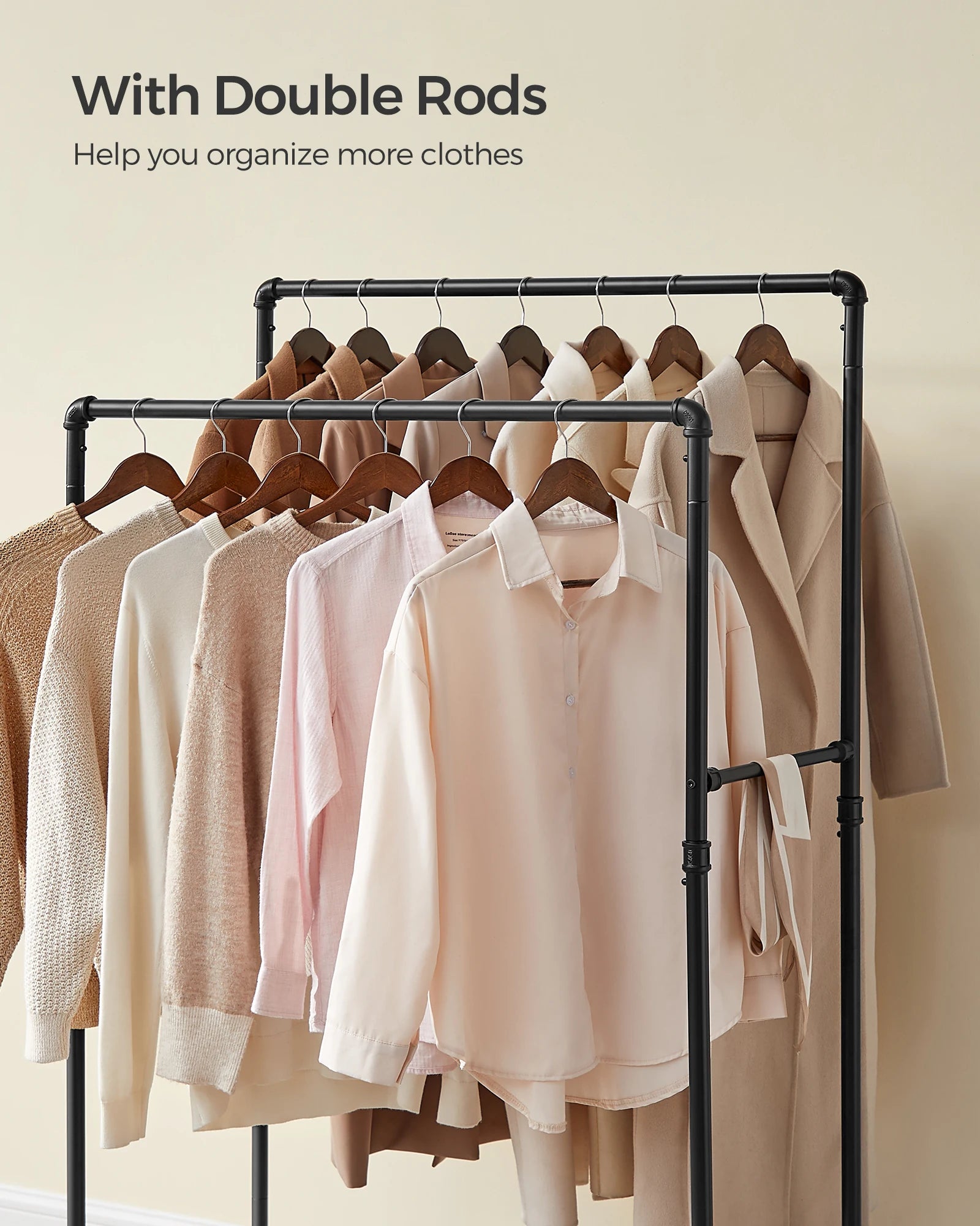SONGMICS Heavy-Duty Clothes Rack, Double-Rod Clothing Rack for Hanging Clothes, Industrial Garment Rack on Wheels, Metal Frame,