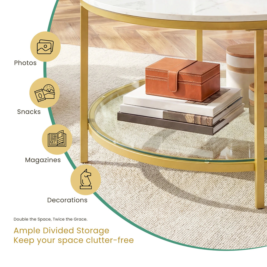 JHK 31IN Marble Round Coffee Table For Living Room 2-Tier Center Counter with Storage Metal Frame Glass Base Tables Modern