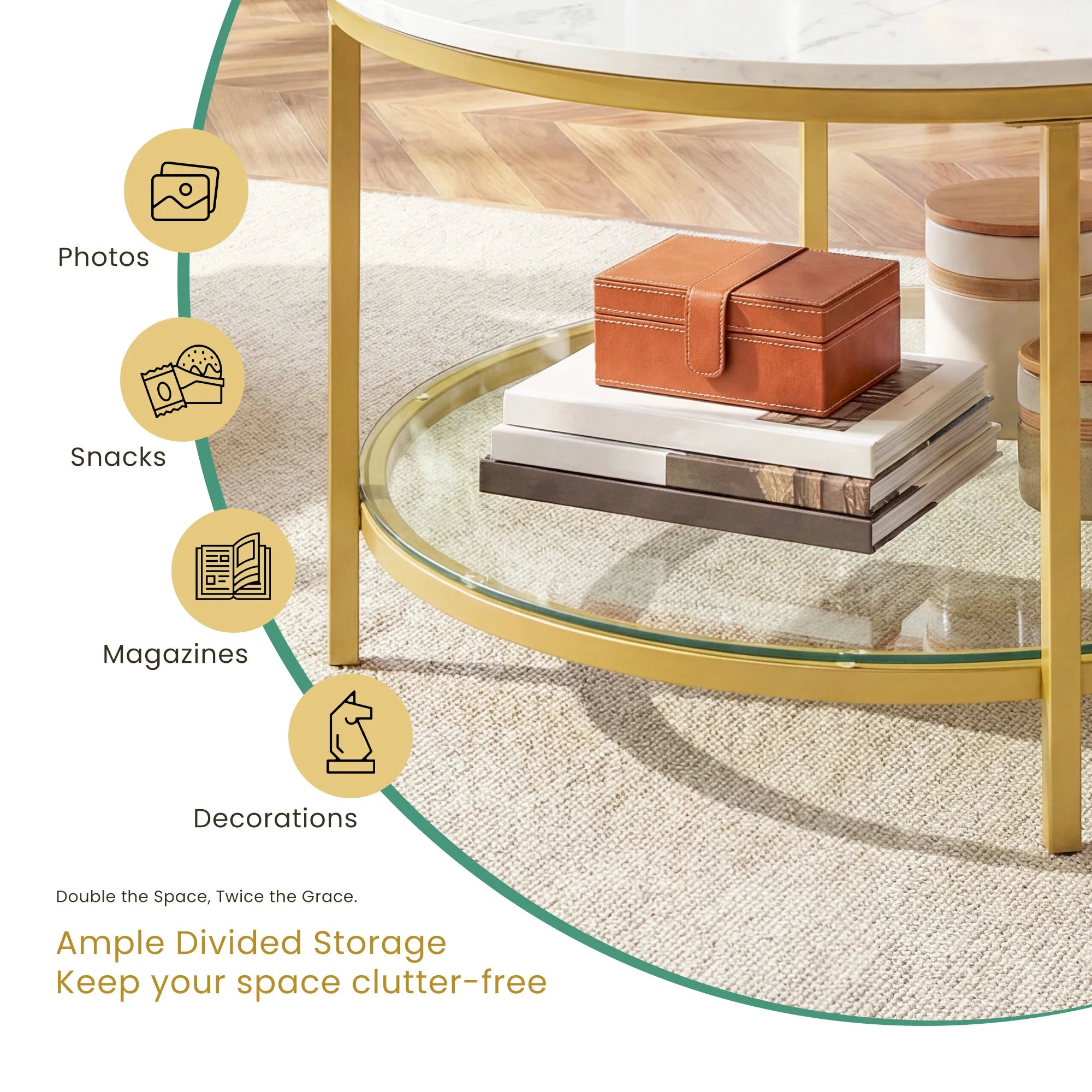 JHK 31IN Marble Round Coffee Table For Living Room 2-Tier Center Counter with Storage Metal Frame Glass Base Tables Modern