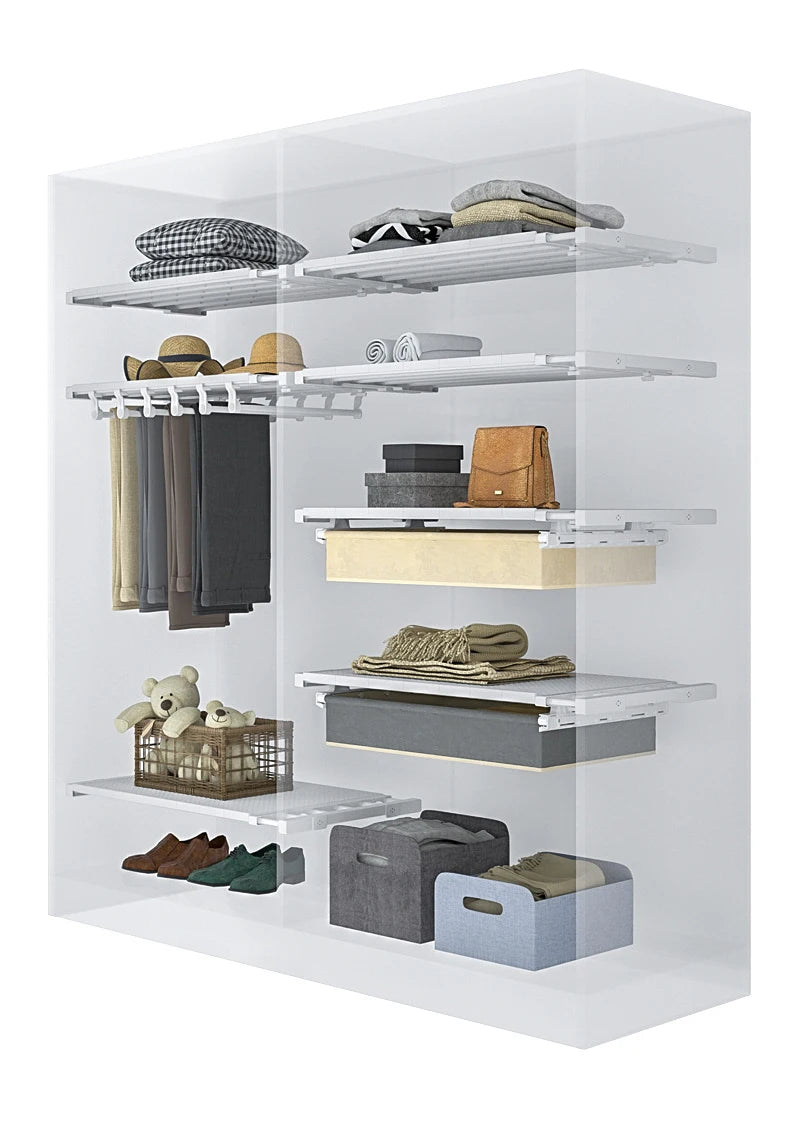 Large Size Adjustable Closet Organizer Kitchen Storage Shelf Retractable Wardrobe Storage Tiered Partition Rack Bathroom Holder