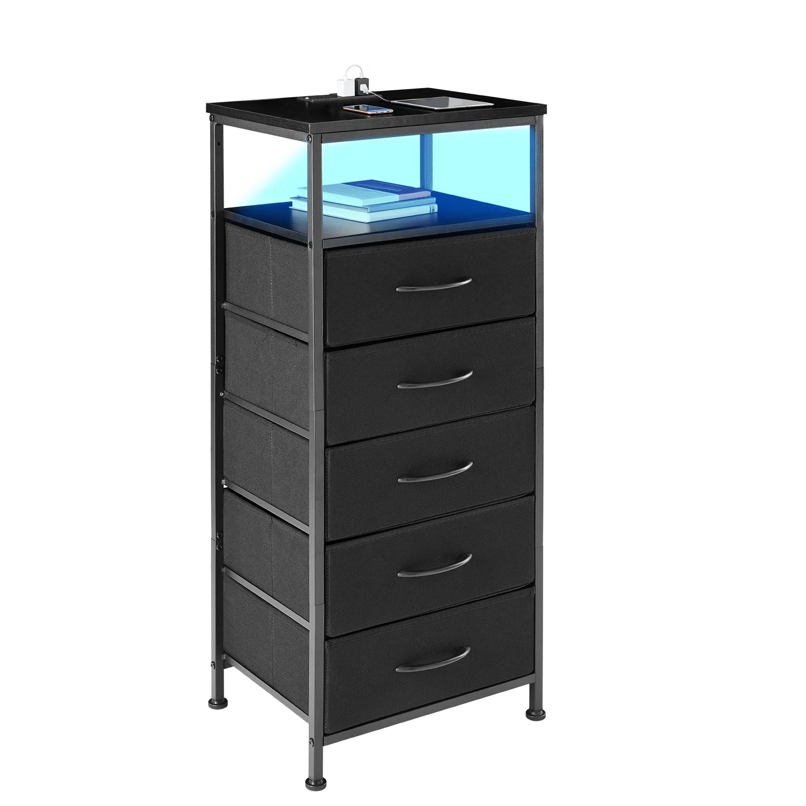 JHK Living Room 5 Fabric Drawers Cabinet With Charging Station and Outlets Adjustable Feet and Variable Light Strip Of Furniture